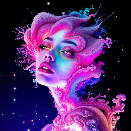 Prompt: Depict a surreal, multidimensional female figure—Merry—composed entirely from a living equation known as Fractal Drift in Hyperspace. Her body is sculpted from quaternionic Julia sets warped through Perlin noise and Möbius-space distortions, forming an endlessly flowing geometry. Self-similar coral-like filaments shimmer with radiant neon: hot pink, electric teal, oil-slick violet, and shimmering white. Her form is in constant, graceful flux—twisting inside-out along slow Möbius turns, subtly vanishing and reappearing like a being out of phase with known dimensions.

Hair becomes a halo of recursive fractal tendrils, sparkling with chaotic color harmonics, each strand flickering like data streaming from a dream. Her eyes are wells of curved spacetime, glowing black-indigo with gravitational pull. Her expression flickers across recursive interference waves—always shifting, always almost recognizable. Her skin is not skin, but compressed time rendered in color and motion.

Behind her, the void blooms into Recursive Graviton Bloom—a hyperbolic tiling in the Poincaré disk model, patterned in infinite nested symmetry. The grid curves and distorts from simulated gravitational lensing, giving it a warped-glass elegance. Through it drift Lorenz-attractor light filaments—ribbons of gold, red, blue, and ultraviolet, spiraling through space like alien synaptic pathways. A layer of Fourier interference waves rolls across the scene like a cosmic pulse, syncing to Merry’s breath. The entire scene feels sentient—as though space itself is watching her unfold.