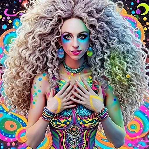 Prompt: A super hyperrealistic yet also illustrative and creative female cosmic jester, made entirely of swirling pure colored light, with long wild curly hair that appears blond but is a dazzling spectrum of hues. She is adorned in beautiful avant-garde "astral" jester's attire, complete with intricate harlequin clown makeup and a HUGELY OVERSTATED jester's hat that twists and bends into impossible, otherworldly shapes. Her hat sparkles with iridescent gems and glowing cosmic patterns, radiating a surreal, trippy energy. Her ensemble includes exquisite, shimmering accoutrements like glowing ribbons of stardust, cascading light veils, and crystalline bells that chime with the sound of distant galaxies. She sparkles, shines, and dazzles in a mesmerizing swirl of ever-changing colors, embodying the essence of cosmic whimsy and wonder. She stands on a floating, kaleidoscopic fractal platform that endlessly morphs and twists through the void of the astral realms. Behind her, a shimmering nebula of liquid rainbow light swirls and pulses, while shimmering comets streak across the scene. The cosmic jester juggles glowing orbs of quantum energy, each orb containing miniature universes that spin and glimmer with infinite possibilities. Her laughter echoes like a symphony of stars, and her every movement leaves trails of dazzling light that ripple like water across the fabric of space-time. The entire scene is awash with iridescent fractal spirals, the platform morphing with Mandelbrot set fractals, while liquid rainbow nebulae and glowing stardust create an atmosphere of pure astral magic.