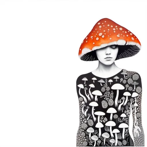 Prompt: a mixed media collage of a girl wearing or growing mushrooms/fungus as clothing body parts and accessories. She is a black and white or halftone photograph, the mushrooms and fungal growths are to be mixed media, including but not limited to paint, enamel, foils, glitter, sparkle, sequins, found objects, natural items, rhinestones etc <mymodel>