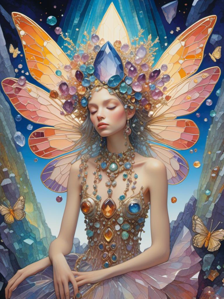 Prompt: <mymodel>Fairies crafted from gemstones, sparkling and ethereal, magical aura, high quality, detailed, fantasy, jewel-like textures, radiant glow, surreal, enchanting, pastel tones, soft and luminous lighting, ultra-detailed, mystical beings, shimmering wings, intricate design, whimsical, dreamlike