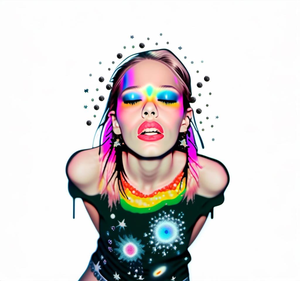 Prompt: a photograph (black and white or halftone) of a woman with multimedia colorful galaxies and stars in her wide eyes who is vomiting pure rainbows and stardust sparkles. She wretches as a beautiful spectrum of colorful light and sparklies made of paint, enamel, glitter, foils, pearl dust, rhinestones, metal, beads, marker, etc spills from her open mouth with force lighting up the room<mymodel>