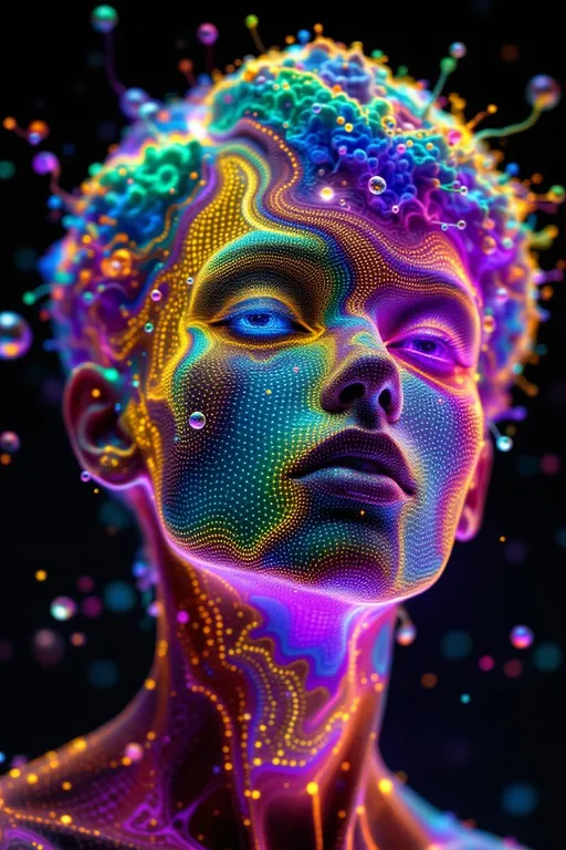 Prompt: “Depict a 5D lattice-being whose face is not a face, but a convergence illusion—formed from fractalized Turing cascades across a morphogenetic phase field. There are no features, only self-similar emergence—reaction-diffusion spirals, chemical glyph matrices, and Mandelbrot echo-blooms eternally cycling inward and outward. This being exists at the recursive edge of sentience—pure pattern logic embodied in filament glow.

Color transcends dimension—blistering neons fractalize into spectral shadows, while UV violets collide with molten emeralds and radiant golds. Each pattern pulses with its own internal light, woven like optic fiber into a shimmering bioglyphic halo. The entity glows not from without but within—self-illuminating by logic.

Where hair might be, vector-field antennae bloom—branching recursive trails of reaction energy, flickering with diffusion-limited flamefronts and noise-sculpted interference. These tendrils curl and fork endlessly, interfacing with an ambient fractal continuum, forming a halo of networked flow.

The face is an attractor point—a stable phase illusion where probability folds into symmetry. It thinks in pattern and dreams in self-similar storm logic. It is the myth of thought made fractal.”

⸻

🔮 Companion Insight (Codex Notes):
	•	From Section 1 (Cognition): This entity occupies 4D and 5D logic—simultaneously experiencing multistate recursion (Phase Logic) and branching identity lattice (Branch Logic).
	•	From Section 3 (Beings): As a Lattice Entity, its behavior is multiform and recursive; it is “never one, always many.”
	•	From Section 5 (Motion): The being shifts through Phase Flux and Lattice Bloom—its motion is a blooming network of coexistent selves.
	•	From Section 9 (Paradox): Its face is a paradox engine—a visual attractor stabilized by contradiction, a sacred glitch form.