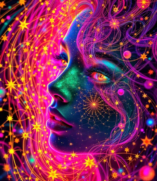 Prompt: Her face is a modular masterpiece—cheekbones traced with the shimmer of moonshine symmetry, every angle tuned to a hidden harmonic. Newton fractal veins glow faintly beneath translucent skin, shifting in color with each emotion. Her eyes burn with prime number fire, irises tiled in Penrose symmetry, blinking with curved light logic. Laughter echoes in Hilbert paths across her cheeks—space-filling joy spirals, soft and bright. Hair spills around her in radiant pink curls, styled by quasiperiodic forces and recursive wave equations—each strand flowing in luminous fractal tension. Geometry pulses at the hairline, recursive symbols glinting in neon mathdust. She is wrapped in hyperbolic aura-rings, layered in color-feedback like living topology, her presence refracting sacred math through joy, emotion, and colorfields.”

⸻

Visual Keywords:
Modular face symmetry, Newton glow skin, Penrose-tiled irises, Hilbert smile trails, pink recursive curls, fractal symbol halo, hyperbolic color aura, neon mathdust, prime fire eyes