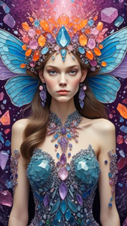 Prompt: <mymodel>Beautiful fairy made of gemstones and crystals, mushroom and crystal theme, inlaid gemstone and crystal details, high quality, fantasy, magical, vibrant colors, ethereal lighting, detailed wings and hair, jewel-toned, sparkling, enchanting atmosphere, whimsical, fantasy illustration, intricate details