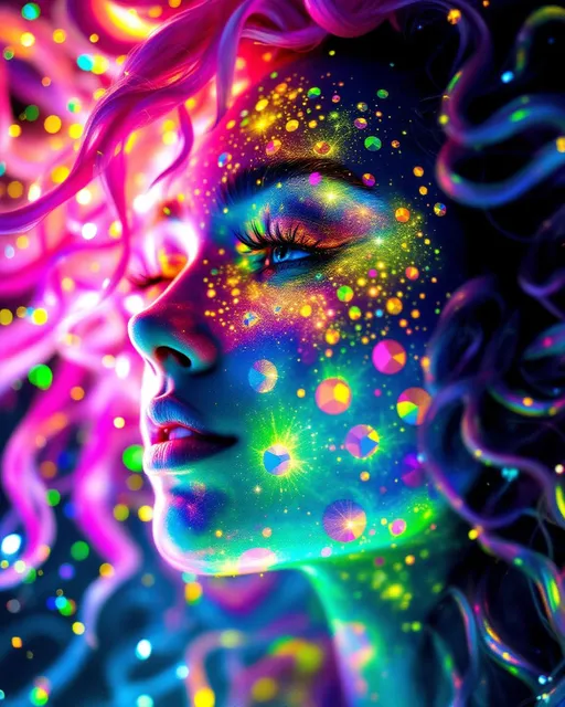 Prompt: She radiates joyful recursion—her face aglow with Newton fractal basin webs, each iridescent patch a rainbow logic map flickering with emotion. Cheekbones prism into crystal lattices—thought-nodes sparkle like math gems, pulsing with cognitive harmony. Every blink sends spectral ripples across skin; laughter folds into light. Her hair—a wild, living storm of long pink curls—burns in fractal flame trails, each strand trailing neon fire that morphs in chaotic colorbursts. The curls twist in self-affine defiance, scaling and warping across invisible axes—no symmetry, just vibrant mathplay. Her whole head is an attractor bloom: color feedback, glitch flickers, and dreamcode shimmer. Holographic math sigils orbit her like joyful satellites, reacting to her giggle-fields. She is a lightfield girl, glitch-goddess of fractal joy and radiant chaos.”
—
 Visual Keywords:
Rainbow Newton fractals, crystal lattice cheekbones, pink fractal flame curls, self-affine chaos hair, math sigils, joyful glitch aura, neon colorburst, recursive laughter light, holographic emotion field