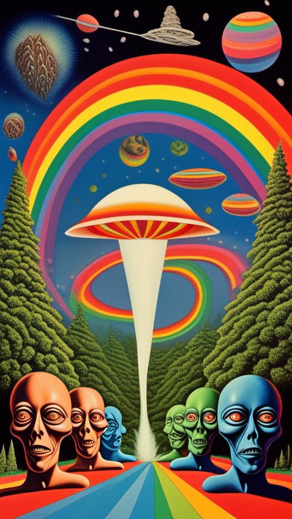 Prompt: A surreal vintage 70s psychedelic sci-fi collage involving- aliens, UFOs, cannabis, marijuana, aliens smoking reefer, aliens smoking weed out of a bong, spliced in with alien surreal landscapes, geometric shapes, optical illusions or trippy psychedelic patterns, planets and starts, rainbow spectrums<mymodel>