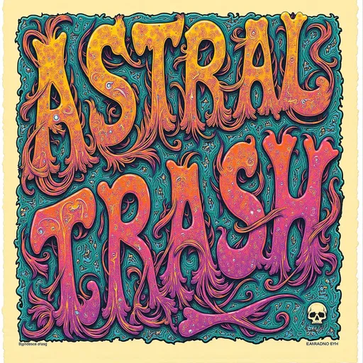 Prompt: 

The words “Astral Trash” are constructed entirely from surreal, floating fragments of cosmic debris—astral trash gathered from the deepest dream realms and psychic detritus fields. Each letter is formed from a chaotic yet beautiful mixture of discarded mystical artifacts, broken halo rings, fragments of shattered dimension-glass, tangled dreamwires, psychic crust, and iridescent wrinkled membranes.

Tiny bioluminescent spores from astral fungi drift like glowing dandruff across the scene. Letters twist with tendrils of electromagnetic ectoplasm, flickering with embedded glyphs and distorted radio signals. Glitchy patterns (moire interference, digital scanlines, and lens tears) subtly infect the forms, creating movement even in stillness.

Gem fragments (fluorite, tourmaline, obsidian, raw diamonds) are encrusted into the trash, reflecting impossible light fields. Quantum trash floats around—like flickering loops of entangled memory and Planck-scale foil wrappers. Fractal shadows stretch across space, wrapping around each glyph.

Rendered in ultra hyperrealistic, super surreal style with intense depth, microscopic texture, glowing edge lighting, and a palette of radiant neons, decayed metallics, bruised purples, and oil-slick blacks. Camera angle is slightly tilted, as if this floating text was just discovered drifting in a derelict psychic orbit.

⸻

Want it animated? Or want the trash to spell something else?