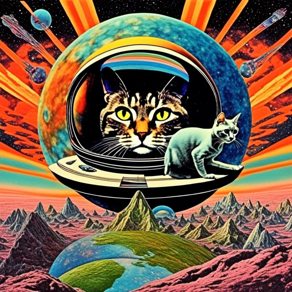 Prompt: a psychedelic collage with a vintage 70s sci-fi animation feel to it except the subject matter will be CATS IN SPACE! The collage will have elements of photography, illustration, trippy patterns and optical illusions, alien landscapes, strange trippy planets, UFOs,, meteors, all cut and spliced together in a psychedelic collage style <mymodel>