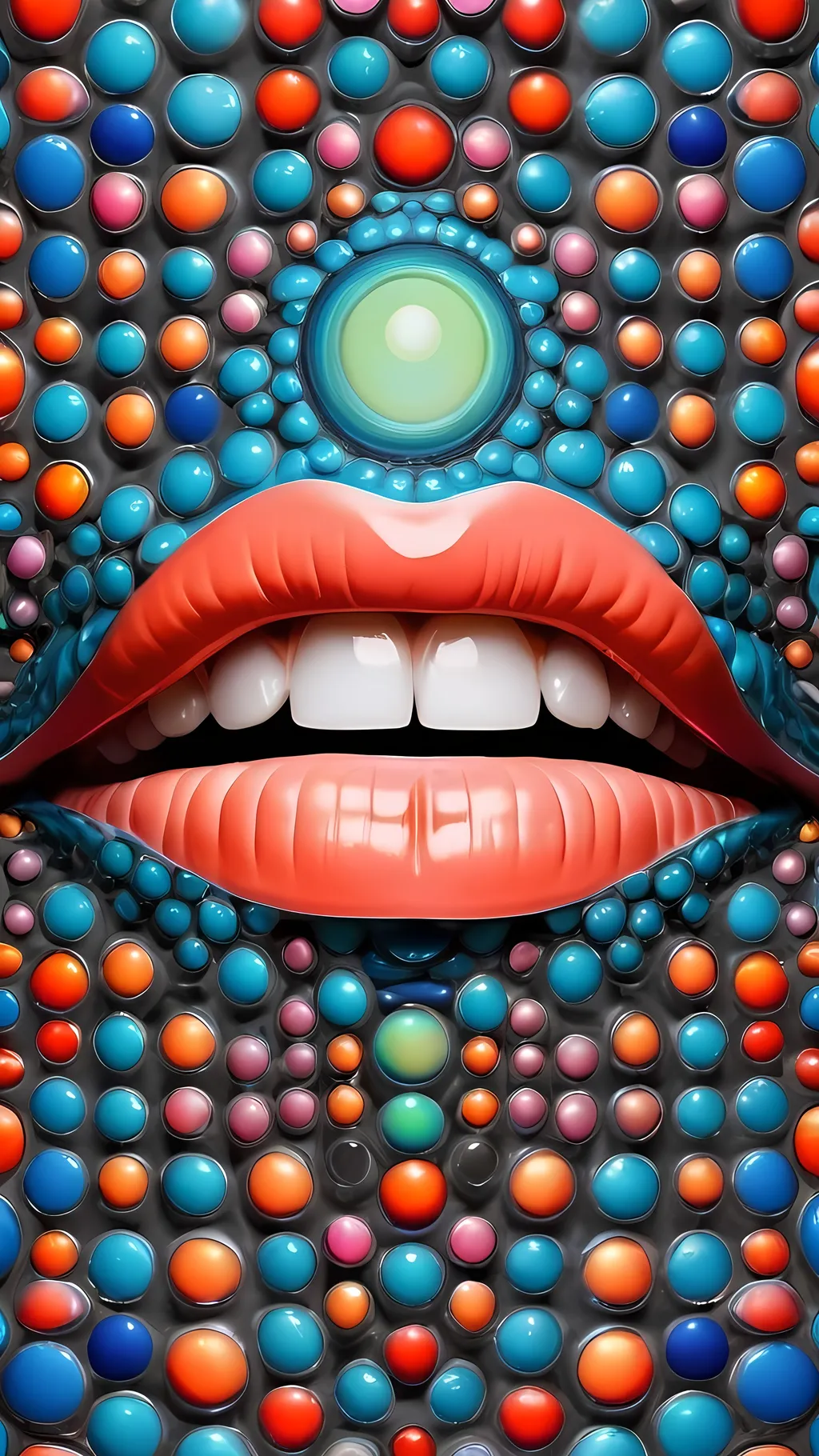 Prompt: Create an extremely hyper-realistic, ultra super textural, weird, trippy, surreal, psychedelic eyes/teeth/mouth pattern/design based on "Op Art tiling” with lots of human eyes (crazy colorful compound psychedelic), rows of human teeth, human lips, and tongues. 

- **Colors**: determined by the properties and expressions of the elements (& their isotopes), minerals, and metals: Tourmaline, Rhenium (Re)

**Shapes and forms**
- "Op Art tiling" 
-other shapes determined by the natural properties and expressions of the elements (& their isotopes), minerals, metals, and biological organisms: tourmaline,  Rhenium (Re)

- **Textures**: Derived from any/all elements (& their isotopes), minerals, metals, crystals, organic things mentioned in this prompt: tourmaline, Rhenium (Re)

**Composition and Layout**:
- a pattern/design based on the Op Art tiling

**Lighting**:
- Phosphorescence

**Detail and Atmosphere**:
- Extreme hyperrealistic sharp high detail high definition organic and mineral textures
- Psychedelic, weird, odd, surreal atmosphere
- Frozen in time

**Additional Elements**:
- extra rows of teeth, lips, many eyes, Op Art tiling
