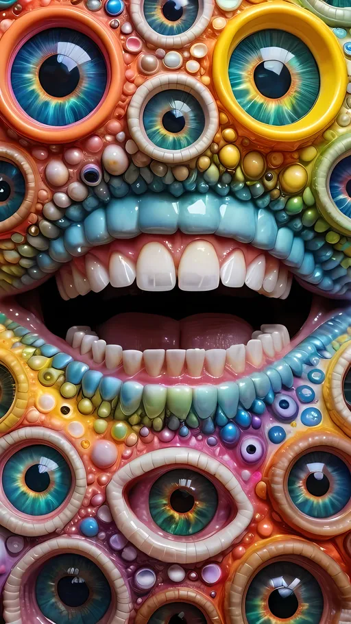 Prompt: an extremely hyper realistic ultra super textural weird trippy surreal psychedelic entity, Tessellation, white, translucent, clear, bright bright pastel colors, oil slick rainbow sheen effect, lots and lots of light, lots of crazy colorful compound psychedelic human eyes, rows of human teeth, fungus, atoms, diatoms, Tessellation