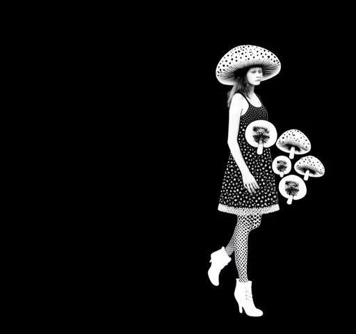 Prompt: a mixed media collage of a girl wearing or growing mushrooms/fungus as clothing body parts and accessories. She is a black and white or halftone photograph, the mushrooms and fungal growths are to be mixed media, including but not limited to paint, enamel, foils, glitter, sparkle, sequins, found objects, natural items, rhinestones etc <mymodel>