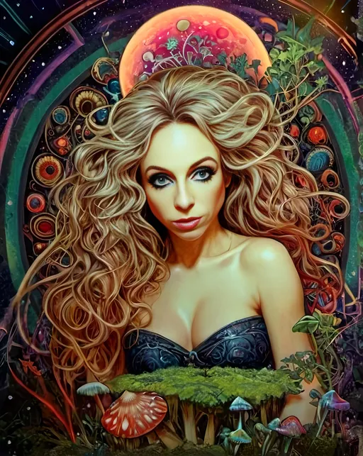 Prompt: 4k, ultra-detailed, psychedelic, trippy, bright colors, vivid, black light poster, girl with longish blond curly hair, psychedelic magic mushrooms, trippy hallucinations, optical illusions, patterns, crystals, moss, forest, moon, geometry fractals, vibrant colors, detailed hair, surreal, vibrant lighting