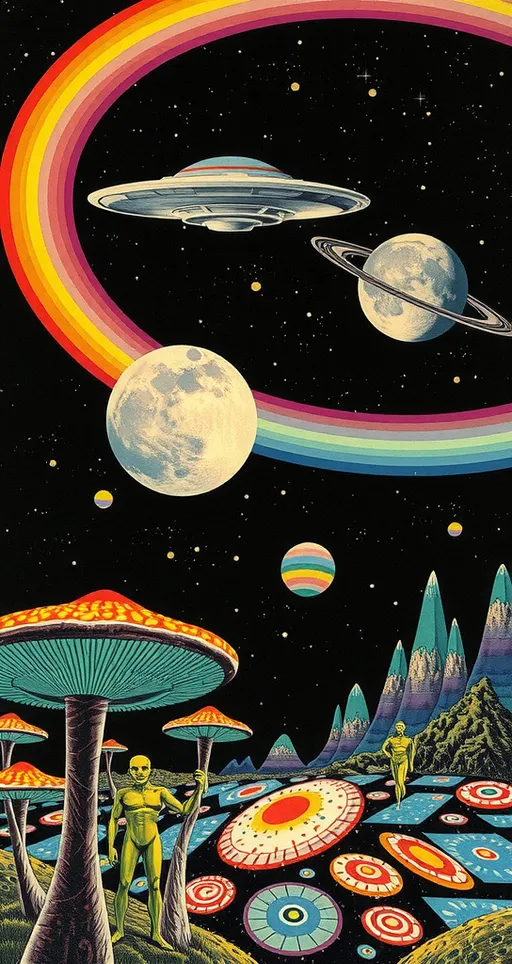 Prompt: <mymodel> Vintage 70s psychedelic surreal sci-fi Collage, analog, cut & paste, outer space, rainbows, spectrum, optical illusions/trippy patterns, surreal alien landscapes, UFOs, « little green men », psilocybin mushrooms, geometric shapes , planets, orbs, black night sky with stars, in the center