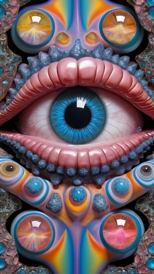 Prompt: Create an extremely hyper-realistic, ultra super textural, weird, trippy, surreal, psychedelic eyes/teeth/mouth pattern/design based on Mandelbrot & “Op Art tiling” with lots of human eyes (crazy colorful compound psychedelic), rows of human teeth, human lips, and tongues. 

- **Colors**: determined by the properties and expressions of the elements (& their isotopes), minerals, and metals: opal, moonstone, Kunzite, selenite, rose quartz, Palladium (Pd)

**Shapes and forms**
- Mandelbrot 
- "Op Art tiling" 
-other shapes determined by the natural properties and expressions of the elements (& their isotopes), minerals, metals, and biological organisms: opal, moonstone, Kunzite, selenite, rose quartz,  Palladium (Pd)


- **Textures**: Derived from any/all elements (& their isotopes), minerals, metals, crystals, organic things mentioned in this prompt: opal, moonstone, Kunzite, selenite, rose quartz, Palladium (Pd)

**Composition and Layout**:
- a pattern/design based on the Op Art tiling & Mandelbrot 

**Lighting**:
- lots of bright light
- Iridescence
- Aventurescence
- Chatoyancy
- Asterism

**Detail and Atmosphere**:
- Extreme hyperrealistic sharp high detail high definition organic and mineral textures
- Psychedelic, weird, odd, surreal atmosphere
- Frozen in time

**Additional Elements**:
- extra rows of teeth, lips, many eyes, Op Art tiling, Mandelbrot, Iridescence, Aventurescence, Chatoyancy
