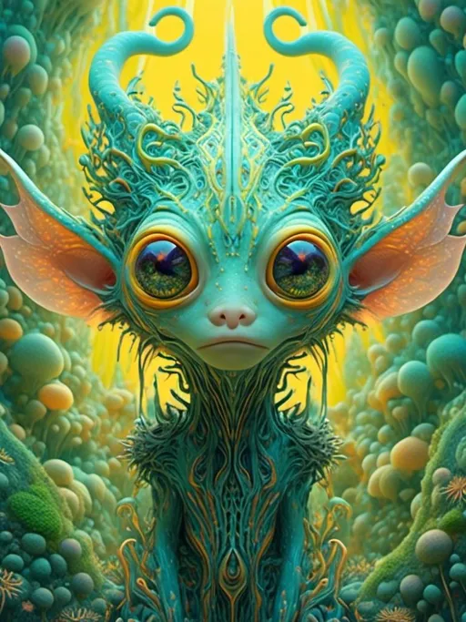 Prompt: <mymodel>an extremely hyper realistic super textural psychedelic entity/creature, trippy, weird, surreal, fractals, multidimensional geometric shapes, eyes, human teeth, lots of light, bright pastel colors, luminous, glowing, extremely textural, yellow, greens, oranges, silver, copper