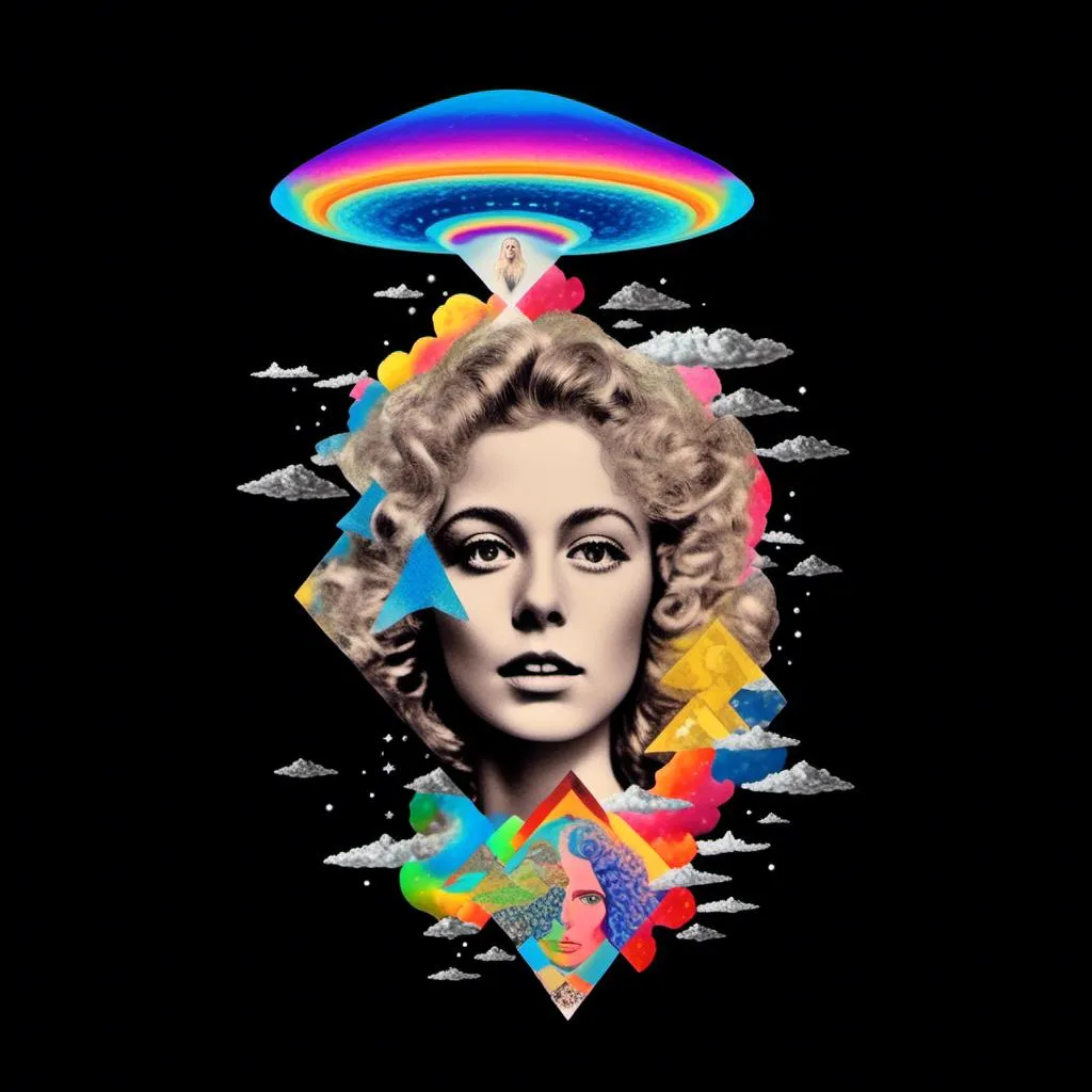 Prompt: A psychedelic collage featuring a photograph of a woman with blond curly long hair. The photo is cut and spliced with other photos and drawings of aliens, UFOs, rainbow spectrums are erupting from places, planets, stars, landscapes, and sparkles set amidst optical illusions of all kinds in geometric shapes giving an otherworldly surreal bizarre ufo alien effect to this psychedelic collage <mymodel>