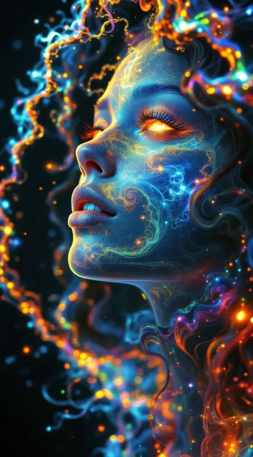 Prompt: 
A vividly bright, ethereal female face emerging entirely from pure fractal light—her features formed by recursive Julia set geometry and glowing with self-similar radiant structures. No skin, no matter—only contour and expression sculpted in saturated, prismatic light flows. Her long curly hair unravels into infinite helices of Mandelbrot spirals and kaleidoscopic filaments, each strand a nested fractal, flickering with phase-shifting spectral hues. The entire head floats in a soft, airy non-Euclidean space, where dimensional folds refract and echo her presence. Her gaze emanates through luminous symmetry, as though her identity is a conscious attractor born from mathematical recursion.