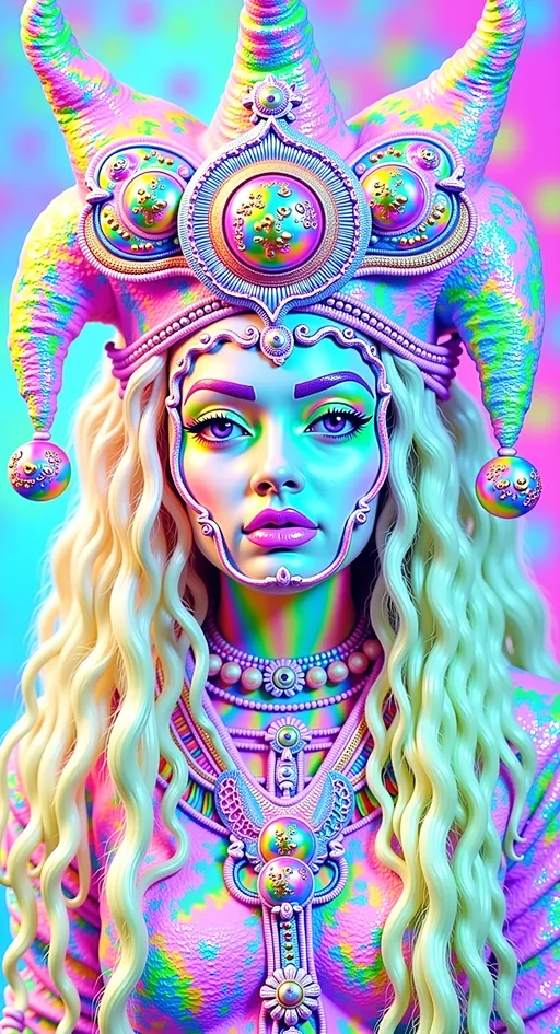 Prompt: Create a super hyperrealistic, finely detailed psychedelic Nouveau illustration of a Cosmic Jester. Feature the word MERRYPRANXTERworked organically into the background somehow.  This enchanting character is a merry prankster of the cosmos, an astral jokester dancing through time and space. She exudes a jester vibe, wearing feminine holographic jester attire & makeup with a feminine, harlequin twist. Not human, but humanoid, she is crafted from vibrant colored light, embodying an extra-dimensional extraterrestrial essence. Her presence is a beacon of joy, as she laughs and twirls through the cosmic astral realms, elevating vibes wherever she roams. 

Her beauty is otherworldly, with long, curly hair that shimmers like a cascade of colored light, appearing blonde yet transcending earthly hues. Her eyes sparkle with mischievous wisdom, and her attire is a dazzling array of intricate patterns and swirling colors, reminiscent of both jester garb and celestial phenomena.

Incorporate the text "the merrypranxter" above her in smaller, elegant lettering, seamlessly blending into the cosmic background. This text should capture the essence of her playful spirit, as if it were a whisper from the universe itself. The illustration should radiate her vibrant energy, portraying her as a timeless wanderer spreading joy and wonder throughout the cosmos.