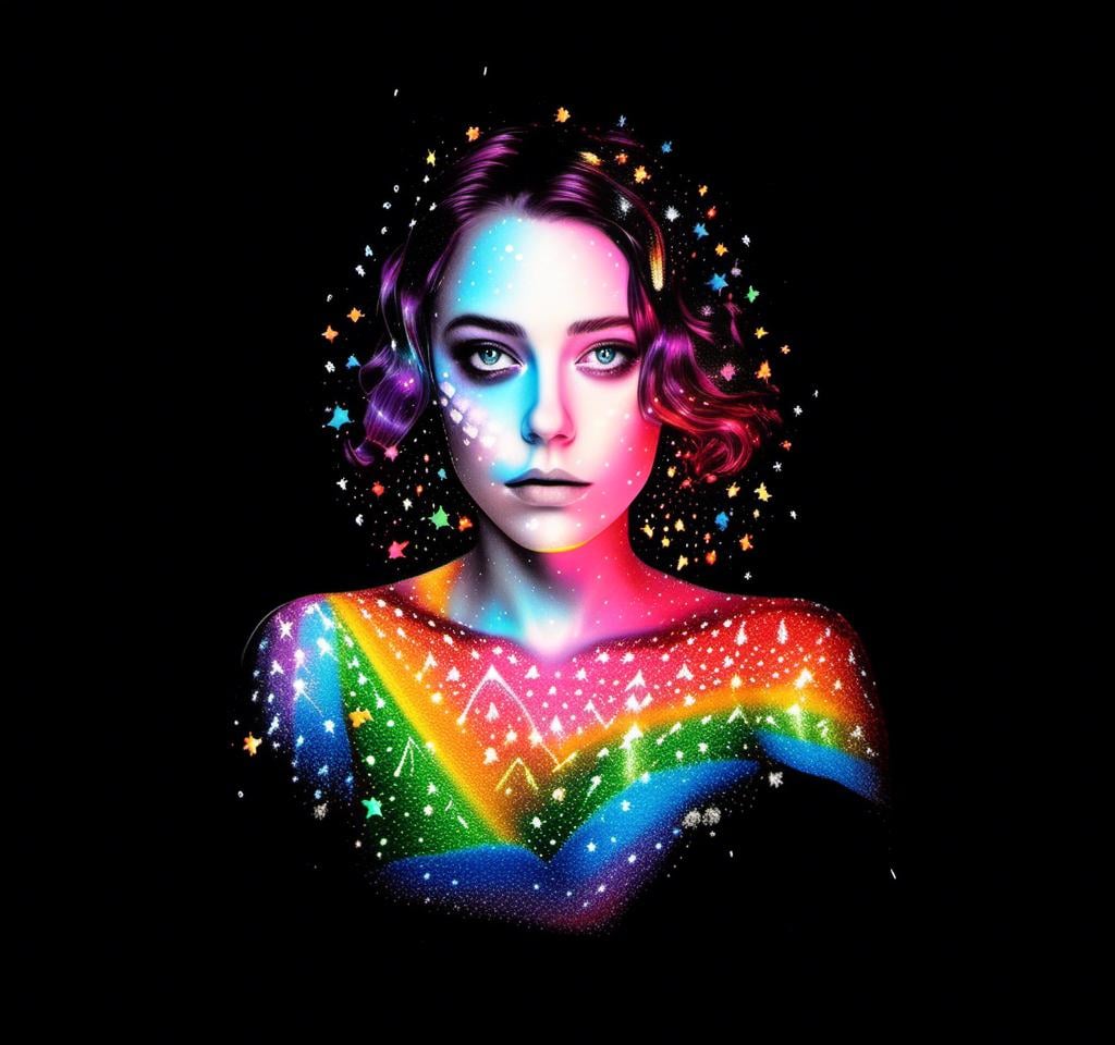 Prompt: a photograph (black and white or halftone) of a woman with multimedia colorful galaxies and stars in her wide eyes who is vomiting pure rainbows and stardust sparkles. She wretches as a beautiful spectrum of colorful light and sparklies made of paint, enamel, glitter, foils, pearl dust, rhinestones, metal, beads, marker, etc spills from her open mouth with force lighting up the room<mymodel>