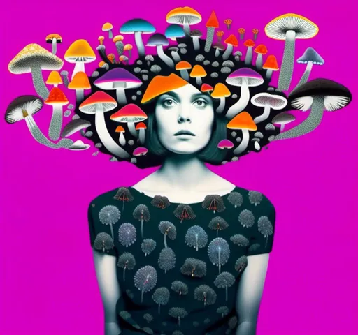 Prompt: A mixed media collage of a black and white photograph of a young woman growing all kinds of colorful multimedia psychedelic mushrooms and fungus out of her body (incorporate things like- but are not limited to - vibrant paints, enamels, glitters, metallic foils, newspaper and magazine cut paper, paint spatter, etc)<mymodel>