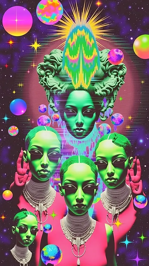 Prompt: **Space Hos - AI Art Prompt**

Create a totally glitchy glitched out artwork featuring the phrase "Space Hos" in a bold, sassy, girly futuristic tech font. The scene is populated by multiple striking green-skinned alien females, each exuding attitude and confidence. They are dressed in avant-garde high fashion with a futuristic edge, showcasing an array of intricate accessories that highlight their alien allure. The scene is being viewed through a retrofuturistic computer screen full of glitches and aberrations 

Each alien boasts a slightly conical-shaped bald head and large, almond-shaped black eyes, adding to their enigmatic charm. They pose with sass and poise, making a statement in the cosmic landscape.

Incorporate a vibrant UFO in the background, teeming with colorful lights that illuminate the scene. The setting is a bustling outer space landscape, complete with an alien planet, swirling asteroids, and cosmic phenomena. Alien glyphs are seamlessly integrated into the design, adding a mysterious layer.

The entire composition is busy and detailed, with every inch filled with tiny elements that captivate the viewer's attention. From the smallest star to the grandest asteroid, the scene is a masterpiece of cosmic chaos and extraterrestrial elegance.