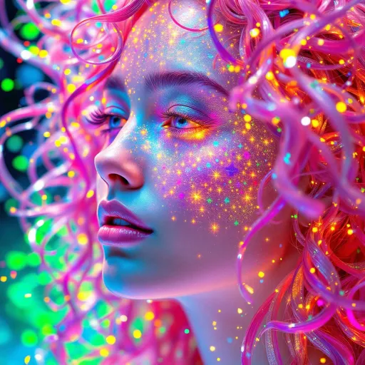 Prompt: She radiates joyful recursion—her face aglow with Newton fractal basin webs, each iridescent patch a rainbow logic map flickering with emotion. Cheekbones prism into crystal lattices—thought-nodes sparkle like math gems, pulsing with cognitive harmony. Every blink sends spectral ripples across skin; laughter folds into light. Her hair—a wild, living storm of long pink curls—burns in fractal flame trails, each strand trailing neon fire that morphs in chaotic colorbursts. The curls twist in self-affine defiance, scaling and warping across invisible axes—no symmetry, just vibrant mathplay. Her whole head is an attractor bloom: color feedback, glitch flickers, and dreamcode shimmer. Holographic math sigils orbit her like joyful satellites, reacting to her giggle-fields. She is a lightfield girl, glitch-goddess of fractal joy and radiant chaos.”
—
 Visual Keywords:
Rainbow Newton fractals, crystal lattice cheekbones, pink fractal flame curls, self-affine chaos hair, math sigils, joyful glitch aura, neon colorburst, recursive laughter light, holographic emotion field