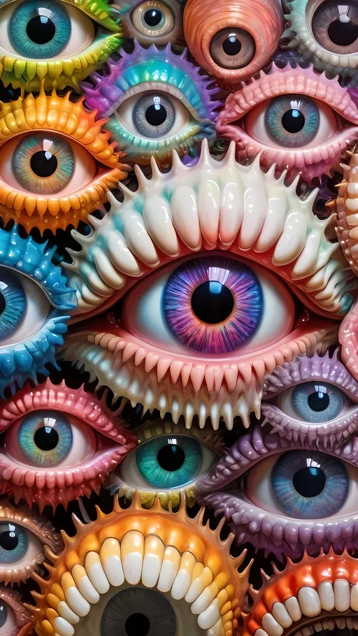 Prompt: an extremely hyper realistic ultra super textural weird trippy surreal psychedelic entity, Cardioid Shapes, white, translucent, clear, bright bright pastel colors, oil slick rainbow sheen effect, lots and lots of light, lots of crazy colorful compound psychedelic human eyes, rows of human teeth, fungus, atoms, diatoms, Cardioid Shapes