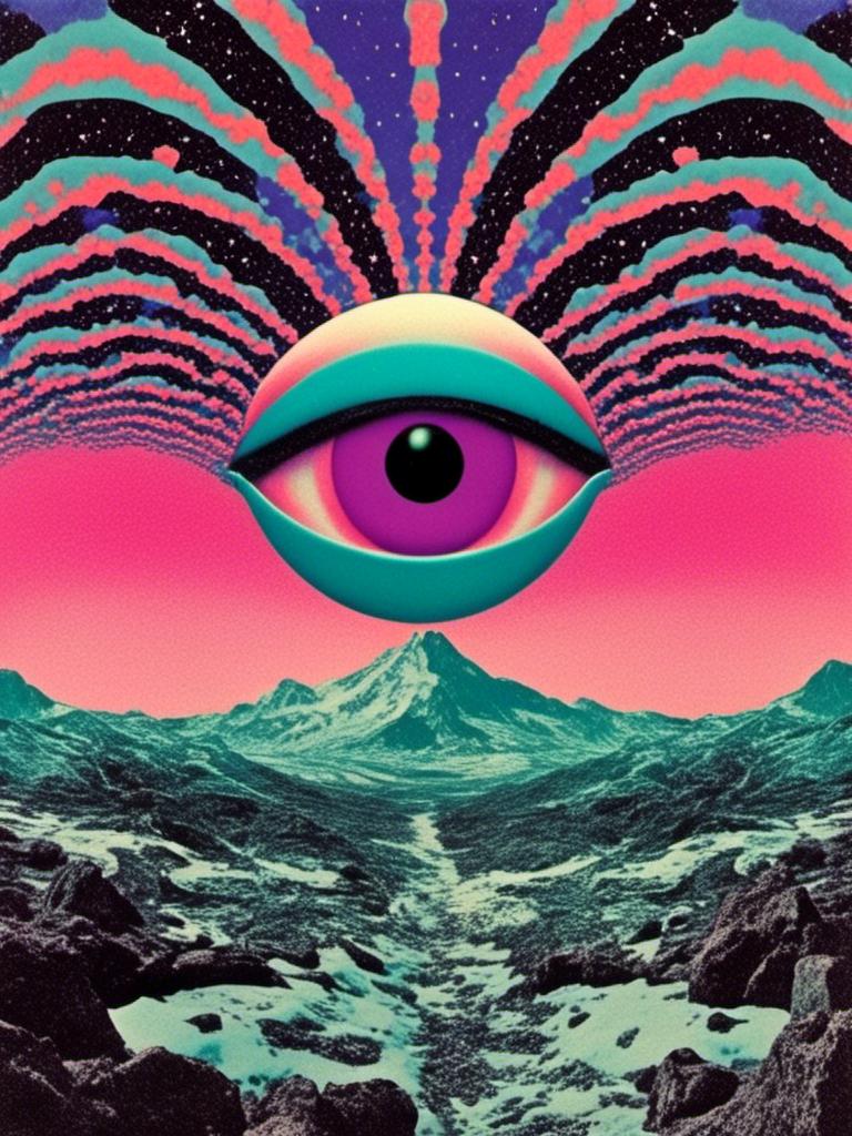 Prompt: <mymodel> A weird trippy surreal vintage psychedelic collage, (hot purple/pink, black & white- teals/purple-blue/seafoam green accents)  cut and paste, optical illusions, psychedelic patterns, alien  landscapes, eyes!!! , UFOs, strange creatures, magic mushrooms, planets/asteroids/space, cats, cheeseburgers, tacos, aliens, weird surreal trippy