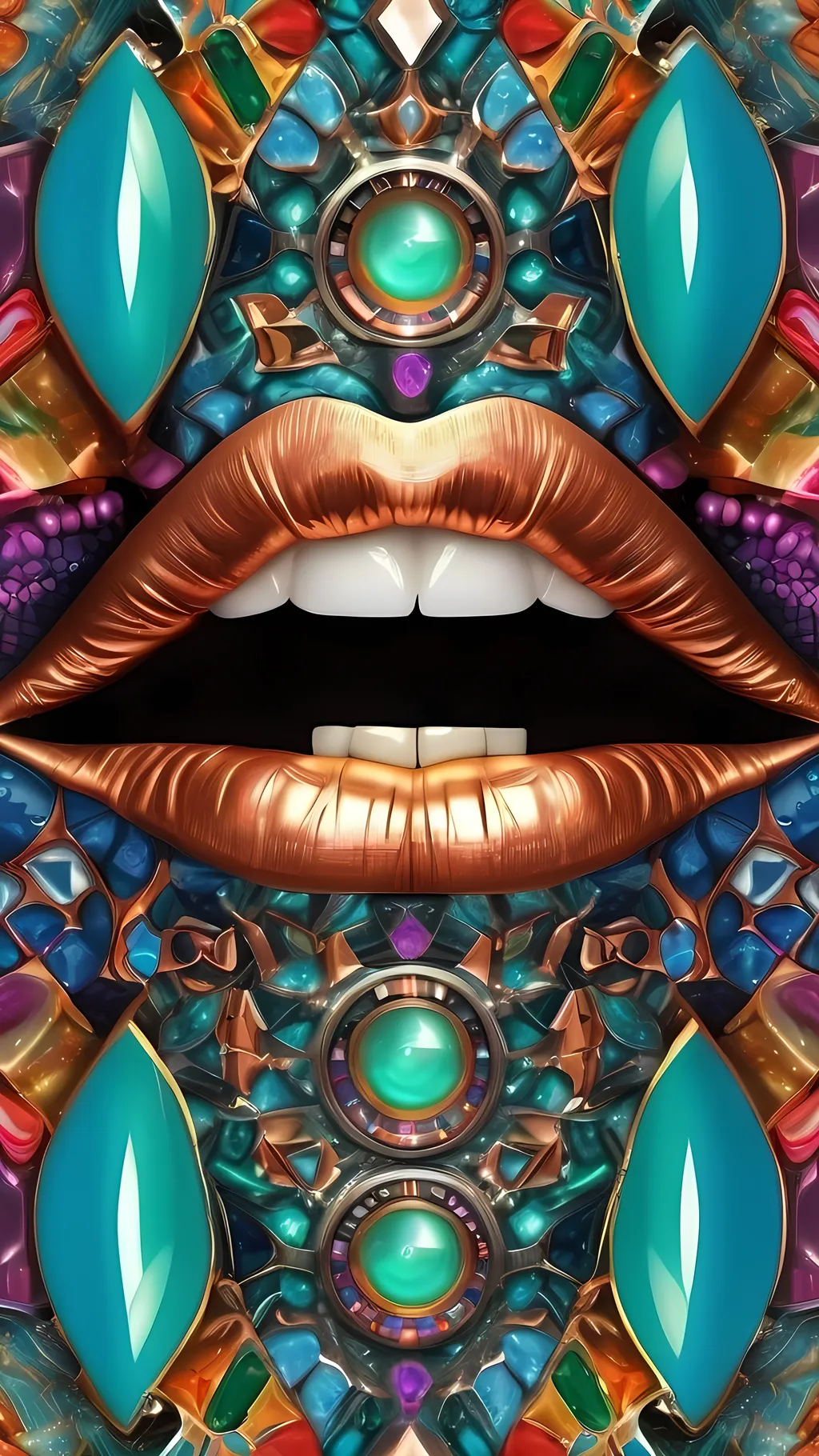 Prompt: Create an extremely hyper-realistic, ultra super textural, weird, trippy, surreal, psychedelic pattern/design based on arabesque tiling, with lots of human eyes (crazy colorful compound psychedelic), rows of human teeth, human lips, and tongues. Include mineral crystal accents.

- **Colors**: Inspired by the elements, minerals, and metals: peridot, emerald, pyrite, copper.
- **Textures**: Derived from organic elements, minerals, and metals like diatoms, mold, fungus, crystals

**Composition and Layout**:
- Spherical layout/composition
- Arabesque tiling
- hyperbolic forms and structures
-zoomed out creating a surreal pattern/design using arabesque tiling

**Lighting**:
- Lots of bright light

**Detail and Atmosphere**:
- Extreme hyperrealistic sharp high detail high definition organic and mineral textures
- Psychedelic, weird, odd, surreal atmosphere
- Frozen in time

**Additional Elements**:
- Diatoms, extra rows of teeth, lips, many eyes,fungus

Capture this scene using a Leica Summilux-M 35mm t/1.4 ASPH film for a hyper-realistic effect.