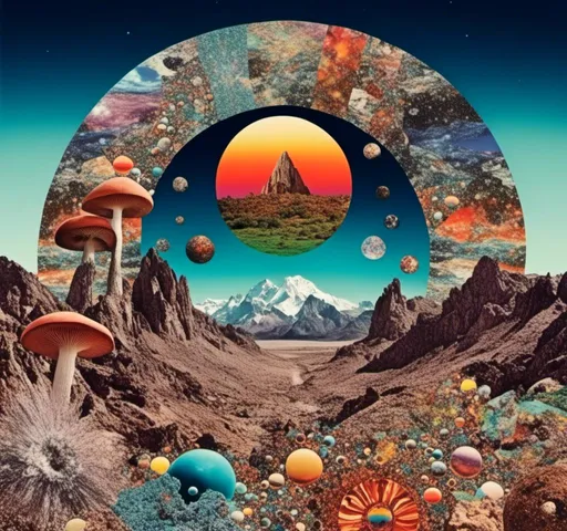 Prompt: <mymodel>surreal Psychedelic collage of spliced photographs, mushrooms, crystals, alien landscapes, desert landscapes, mountain landscapes, space, planets, orbs, psychedelic patterns, geometric shapes, optical illusions, highres, ultra-detailed, surreal, psychedelic, vibrant colors, cosmic, intricate details, surrealistic, dreamy lighting