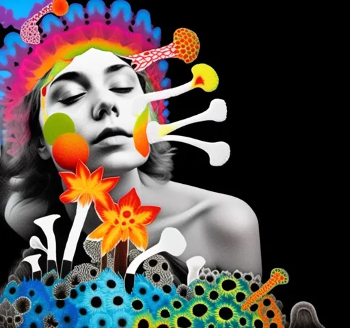 Prompt: A mixed media collage of a black and white photograph of a young woman growing all kinds of colorful multimedia psychedelic mushrooms and fungus out of her body (incorporate things like- but are not limited to - vibrant paints, enamels, glitters, metallic foils, newspaper and magazine cut paper, paint spatter, etc)<mymodel>