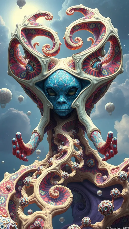 Prompt: A strange surreal interdimensional psychedelic entity/creature, made of fractal geometry, existing in many dimensions simultaneously, melting from one dimension to the next, phasing in and out of reality, inter dimensional fractal geometry come to life, psychedelic, trippy, weird, but beautiful, 