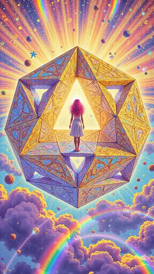 Prompt: A hyperdimensional light-being centered around a radiant rhombic dodecahedron, its crystalline facets alive with refracted rainbow light, floating in an astral void. Each face of the polyhedron channels iridescent filaments into expanding Penrose tilings, recursive golden spirals, and kaleidoscopic fractal rings. The geometry breathes with cosmic intelligence, a divine mechanism of sacred ratios and multidimensional flow. Within and around this structure, a faint feminine echo—slim, long wild pink curls—dissolves into light, barely perceptible, like a myth embedded in sacred code. The being’s presence is more vibration than form, integrated seamlessly into a mesh of rainbow circuits and holographic sacred motifs. Rendered in the surreal, textured style of La Planète Sauvage, with matte cel-shading, inked outlines, and organic dream-logic. The background features floating glyph-machines, metaphysical bioforms, and celestial glyphs orbiting in symbolic silence. Oil-slick iridescence ripples across all surfaces, accentuated with analog film grain. A visionary fusion of sacred geometry and surreal astral symbolism, where humanity exists only as a residual harmonic inside divine architecture.
— style: Cosmic Surrealism + La Planète Sauvage
— sacred geometry: Primary motif
— human reflection: Minimal archetypal trace
— oil-slick iridescence: Active
— analog grain: On
— chaotic surreal forms: Mild background presence