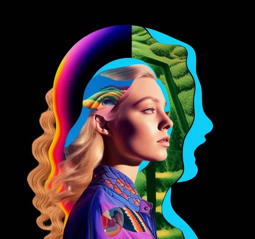 Prompt: A psychedelic collage featuring a photograph of a woman with blond curly long hair. The photo is cut and spliced with other photos - of cats, eyes, body parts, roads, landscapes, trippy optical illusion patterns, pickles, hamburgers, realistic  desert, alien  landscapes, geometric shapes etc in such a way that she has a psychedelic open third eye, in a psychedelic cut and paste collage <mymodel>