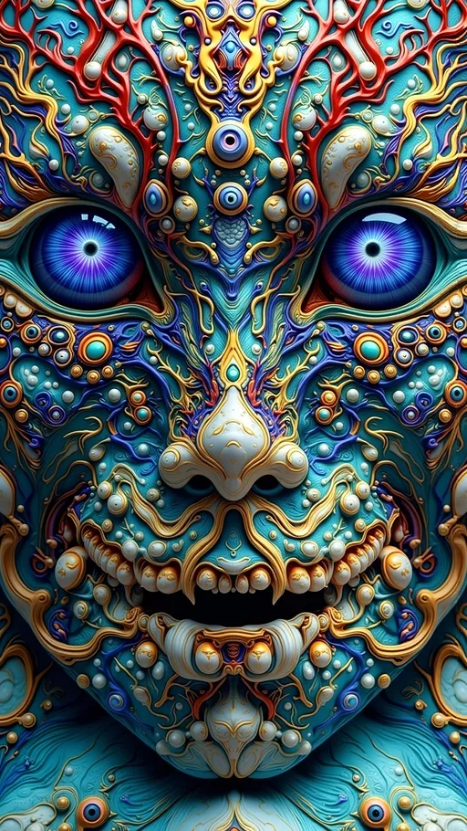 Prompt: An extremely super hyper detailed hyperrealistic weird surreal trippy psychedelic entity manifests, adorned with a multitude of psychedelic compound human eyes, arranged meticulously in a Fibonacci Spiral tiling pattern. These eyes, vibrant and entrancing, create a mesmerizing visual symphony. Rows upon rows of psychedelic teeth form a fractal-like pattern akin to the Mandelbrot Set, spiraling endlessly.

The entity's skin is a shimmering tapestry of iridescent Ammolite, displaying a spectrum of colors that shift with every movement. Interspersed are cubic Fluorite crystals in pale yellow, contrasting vividly with the backdrop. Swirling through its form are veins of Charoite, vivid purple strands weaving cosmic energy throughout its being.

On a microscopic level, Quantum Foam bubbles and fluctuates, giving the entity an ethereal, ever-changing appearance. Vibrating Quantum Strings hint at the fundamental nature of its existence, while Quantum Entanglement weaves an invisible web, linking its myriad parts in a dance of interconnectedness.

The background is a surreal landscape inspired by the Voronoi Tiling pattern, resembling an infinite cellular structure. The ground is a mosaic of royal blue Sodalite, with veins of white calcite creating a natural yet otherworldly pattern. Above, a sky of swirling Quantum Wave Functions paints a picture of potential realities, each wave a probability, each crest a possibility.

This entity embodies the fusion of mathematical precision and quantum chaos, a creation born from the abstract merging of natural, microscopic elements, minerals, and quantum phenomena, existing in a realm where reality and imagination blur into one.