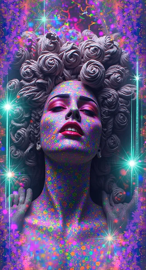 Prompt: Create a super hyperrealistic, finely detailed psychedelic Nouveau illustration of a Cosmic Jester. Feature the word "MERRYPRANXTER" worked organically into the background somehow.  This enchanting character is a merry prankster of the cosmos, an astral jokester dancing through time and space. She exudes a jester vibe, wearing feminine holographic jester attire & makeup with a feminine, harlequin twist. Not human, but humanoid, she is crafted from vibrant colored light, embodying an extra-dimensional extraterrestrial essence. Her presence is a beacon of joy, as she laughs and twirls through the cosmic astral realms, elevating vibes wherever she roams. 

Her beauty is otherworldly, with long, curly hair that shimmers like a cascade of colored light, appearing blonde yet transcending earthly hues. Her eyes sparkle with mischievous wisdom, and her attire is a dazzling array of intricate patterns and swirling colors, reminiscent of both jester garb and celestial phenomena.

Incorporate the text "the merrypranxter" above her in smaller, elegant lettering, seamlessly blending into the cosmic background. This text should capture the essence of her playful spirit, as if it were a whisper from the universe itself. The illustration should radiate her vibrant energy, portraying her as a timeless wanderer spreading joy and wonder throughout the cosmos.