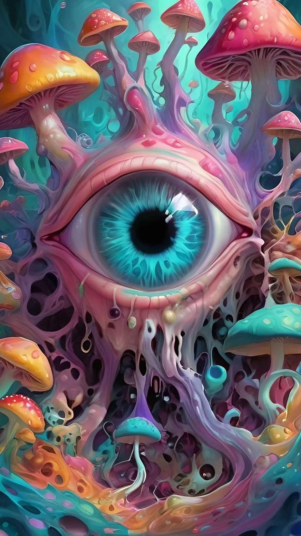 Prompt: Psychedelic, weird, surreal, bizarre, ineffable, numinous, lots of crazy weird inhuman psychedelic trippy eyes, melting, trippy, reality breaking down, hallucinations, drippy, dissolutionment, blobs,atoms, electrons, mushrooms, fractals, multidimensional, oozing, oridescent pastel colors,psychedelic hyper realism, ultra high resolution, surreal, digital art, intense lighting, bright pastel hues, abstract, detailed textures