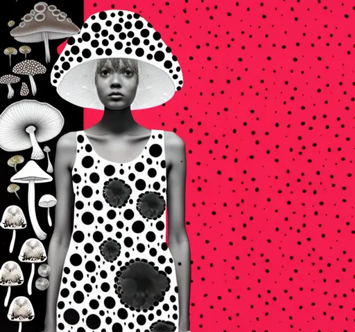 Prompt: a mixed media collage of a girl wearing or growing mushrooms/fungus as clothing body parts and accessories. She is a black and white or halftone photograph, the mushrooms and fungal growths are to be mixed media, including but not limited to paint, enamel, foils, glitter, sparkle, sequins, found objects, natural items, rhinestones etc <mymodel>