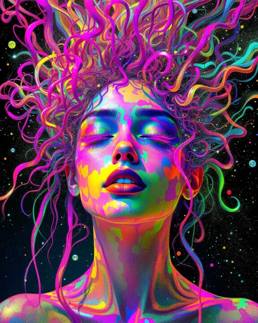 Prompt: She radiates joyful recursion—her face aglow with Newton fractal basin webs, each iridescent patch a rainbow logic map flickering with emotion. Cheekbones prism into crystal lattices—thought-nodes sparkle like math gems, pulsing with cognitive harmony. Every blink sends spectral ripples across skin; laughter folds into light. Her hair—a wild, living storm of long pink curls—burns in fractal flame trails, each strand trailing neon fire that morphs in chaotic colorbursts. The curls twist in self-affine defiance, scaling and warping across invisible axes—no symmetry, just vibrant mathplay. Her whole head is an attractor bloom: color feedback, glitch flickers, and dreamcode shimmer. Holographic math sigils orbit her like joyful satellites, reacting to her giggle-fields. She is a lightfield girl, glitch-goddess of fractal joy and radiant chaos.”
—
 Visual Keywords:
Rainbow Newton fractals, crystal lattice cheekbones, pink fractal flame curls, self-affine chaos hair, math sigils, joyful glitch aura, neon colorburst, recursive laughter light, holographic emotion field