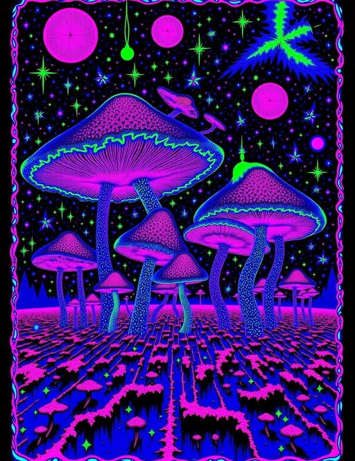 Prompt: ultra super hyperrealistic e remedy high definition homogram Psilocybin liberty cap mushrooms sprout from a shimmering 4th-dimensional matrix grid of reality, its infinite lattice glowing with electric blues, neon purples, and deep greens. The mushrooms have twisting metallic stems and translucent, bell-shaped caps with fractal, lace-like edges that pulse as if alive. Suspended around them are purple and black fractal spores, miniature geometric galaxies spiraling infinitely, leaving glitchy light trails in their wake.

The scene is layered with heavy computer glitches—RGB separations, pixel distortions, scanlines, and bursts of static—giving it a retro analog computer screen finish. The grid flickers and warps, tearing and freezing as though the simulation is breaking. Chromatic aberrations outline every shape, and digital noise crackles across the image. The palette is vibrant yet dark, dominated by glowing purples, deep blacks, and neon accents. The mood is hypnotic and surreal, blending psychedelic aesthetics with retro digital chaos. with a psychedelic art nouveau fractal border