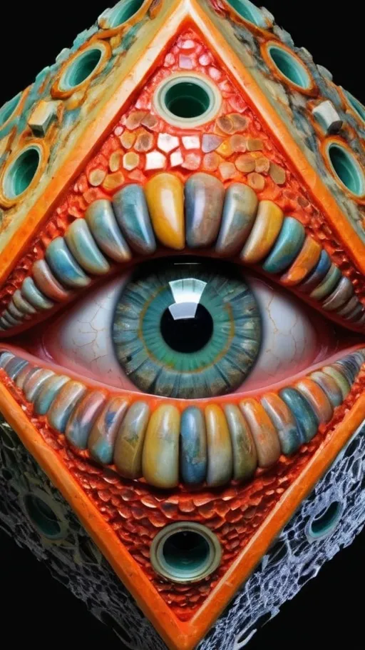 Prompt: Create an extremely hyper-realistic, ultra super textural, weird, trippy, surreal, psychedelic eyes/teeth/mouth pattern/design based on “Icosahedron” with lots of human eyes (crazy colorful compound psychedelic), rows of human teeth, human lips, and tongues. 

- **Colors**: determined by the properties and expressions of the elements (& their isotopes), minerals, and metals: Tantalum (Ta), Aventurine

**Shapes and forms**
- “Icosahedron”
-other shapes determined by the natural properties and expressions of the elements (& their isotopes), minerals, metals, and biological organisms: diatoms, Tantalum (Ta), Aventurine


- **Textures**: Derived from any/all elements (& their isotopes), minerals, metals, crystals, organic things mentioned in this prompt: Tantalum (Ta), “diatoms”, Aventurine

**Composition and Layout**:
- a pattern/design based on the “Icosahedron”

**Lighting**lots and lots of bright shining reflective light
- Trichroism


**Detail and Atmosphere**:
- Extreme hyperrealistic sharp high detail high definition organic and mineral textures
- Psychedelic, weird, odd, surreal atmosphere
- Frozen in time

**Additional Elements**:
- extra rows of teeth, lips, many eyes, diatoms, “ Icosahedron” , Aventurescence, Chatoyancy
