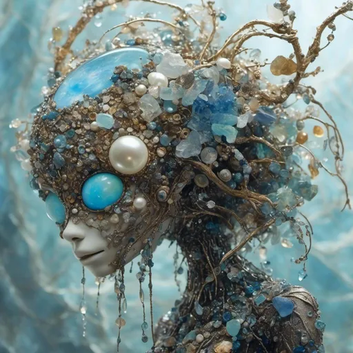 Prompt: <mymodel> a life-infused, living breathing opal, pearl, kyanite, pyrite & silver monster/creature/entity with head/face/body/limbs etc, eyes, mouth, extreme organic & mineral textures