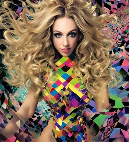 Prompt: a psychedelic hallucination of a female with long blond curly hair modeling avant Garde fashions accessories and makeup created directly out of multidimensional geometry fractals, hypercubes, non Euclidean geometry, psychedelic fashion halucinations 