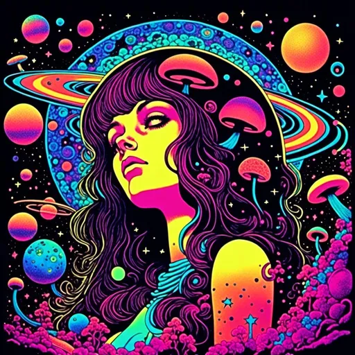 Prompt: <mymodel>Vintage 70s black light poster art illustration, girl hallucinating in space, psychedelic mushrooms, planets, moons, stars, fractals, vibrant colors, intense black light effects, detailed psychedelic girl, cosmic atmosphere, high quality, psychedelic, vintage, space, vibrant colors, fractal details, hallucination, girl illustration, retro art style, cosmic lighting