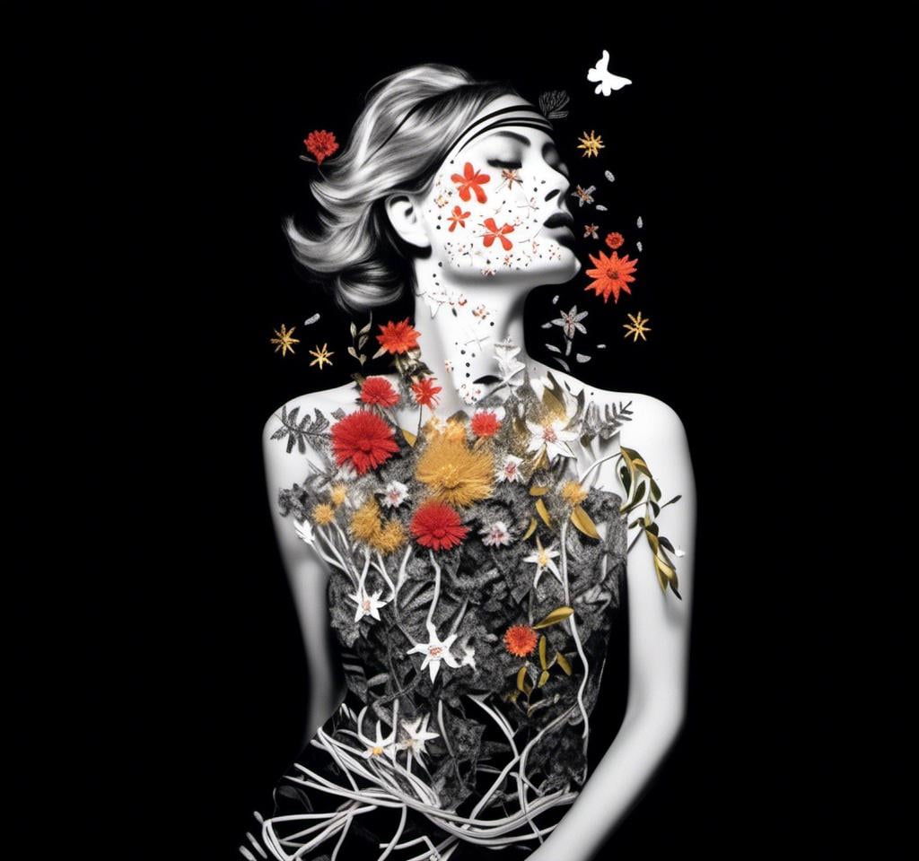 Prompt: a mixed media collage of a black and white photograph of a woman exploding with vines and leaves and flowers (mixed media in nature- paint, enamel, glitter, metallic foils and finishes, splatter, rhinestones, sequin, string, cut paper and magazine pages and more) <mymodel>seem to be blooming out of her body