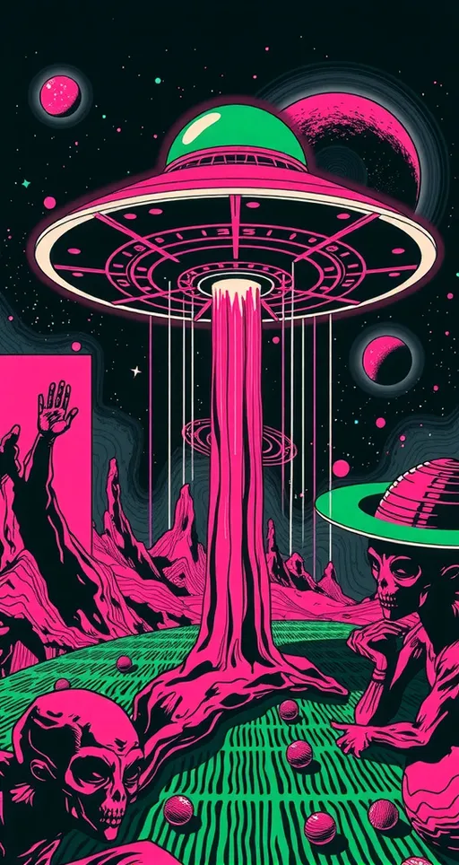 Prompt: an analog retro 70s psychedelic collage, hot pink, neon green, black, white, silver, and other colors, ALIENS, UFO, "LITTLE GREEN MEN", extraterrestrials, alien landscapes, outer space, optical illustions/psychedelic patterns, orbs, planets, galaxies, "flying saucer", crystal technology, circuitboards, positronic networks