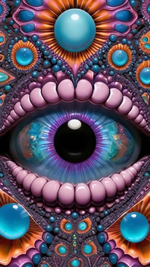 Prompt: Create an extremely hyper-realistic, ultra super textural, weird, trippy, surreal, psychedelic eyes/teeth/mouth pattern/design based on Mandelbrot & “Op Art tiling” with lots of human eyes (crazy colorful compound psychedelic), rows of human teeth, human lips, and tongues. 

- **Colors**: determined by the properties and expressions of the elements (& their isotopes), minerals, and metals: opal, moonstone, amethyst, rose quartz, Platinum (Pt)

**Shapes and forms**
- Mandelbrot 
- "Op Art tiling" 
-other shapes determined by the natural properties and expressions of the elements (& their isotopes), minerals, metals, and biological organisms: opal, moonstone, amethyst, rose quartz,  Platinum (Pt)


- **Textures**: Derived from any/all elements (& their isotopes), minerals, metals, crystals, organic things mentioned in this prompt: opal, moonstone, amethyst, rose quartz, Platinum (Pt)

**Composition and Layout**:
- a pattern/design based on the Op Art tiling & Mandelbrot 

**Lighting**:
- lots of bright light
- Phosphorescence

**Detail and Atmosphere**:
- Extreme hyperrealistic sharp high detail high definition organic and mineral textures
- Psychedelic, weird, odd, surreal atmosphere
- Frozen in time

**Additional Elements**:
- extra rows of teeth, lips, many eyes, Op Art tiling, Mandelbrot 
