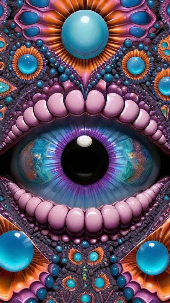 Prompt: Create an extremely hyper-realistic, ultra super textural, weird, trippy, surreal, psychedelic eyes/teeth/mouth pattern/design based on Mandelbrot & “Op Art tiling” with lots of human eyes (crazy colorful compound psychedelic), rows of human teeth, human lips, and tongues. 

- **Colors**: determined by the properties and expressions of the elements (& their isotopes), minerals, and metals: opal, moonstone, amethyst, rose quartz, Platinum (Pt)

**Shapes and forms**
- Mandelbrot 
- "Op Art tiling" 
-other shapes determined by the natural properties and expressions of the elements (& their isotopes), minerals, metals, and biological organisms: opal, moonstone, amethyst, rose quartz,  Platinum (Pt)


- **Textures**: Derived from any/all elements (& their isotopes), minerals, metals, crystals, organic things mentioned in this prompt: opal, moonstone, amethyst, rose quartz, Platinum (Pt)

**Composition and Layout**:
- a pattern/design based on the Op Art tiling & Mandelbrot 

**Lighting**:
- lots of bright light
- Phosphorescence

**Detail and Atmosphere**:
- Extreme hyperrealistic sharp high detail high definition organic and mineral textures
- Psychedelic, weird, odd, surreal atmosphere
- Frozen in time

**Additional Elements**:
- extra rows of teeth, lips, many eyes, Op Art tiling, Mandelbrot 
