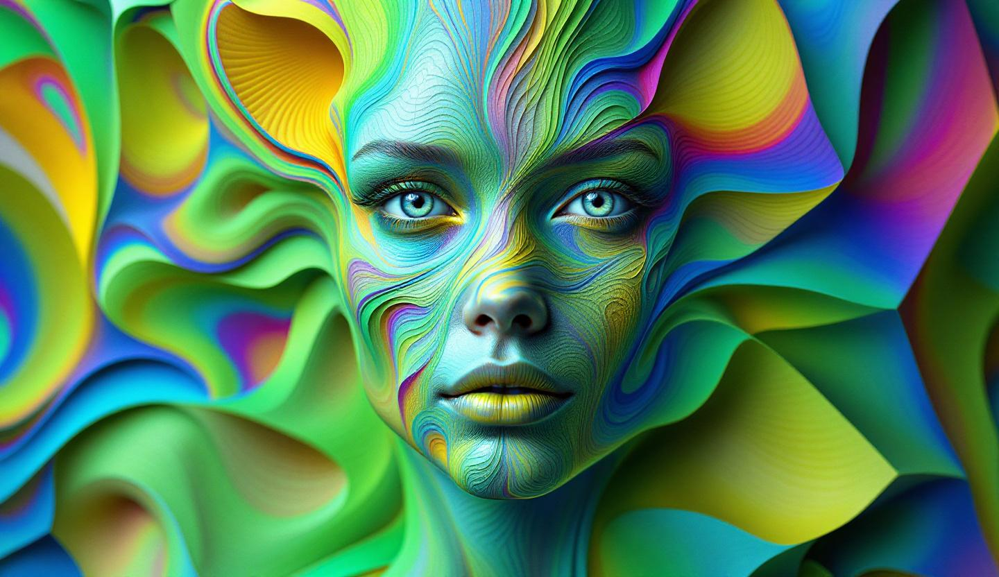 Prompt: Her face is a hypersurface of constant topological type within a foliated 4-manifold. Each feature a leaf in the foliation \mathcal{F}, the structure defined by differential forms on TM. Her expression arises from holonomy flows—eyes trace monodromy paths between sheets of geometry. The rainbow glimmer of her skin is not pigment, but leafwise spectral curvature, light diffracted along tangent bundles. Her hair emanates from quaternion foliation vector fields, warping across normal bundle directions. She is the lamination of form—face distributed across layered worlds.

Tags: #FoliationFace #4ManifoldLayers #LeafwiseLight #QuaternionFieldFlow #RainbowGeometry
