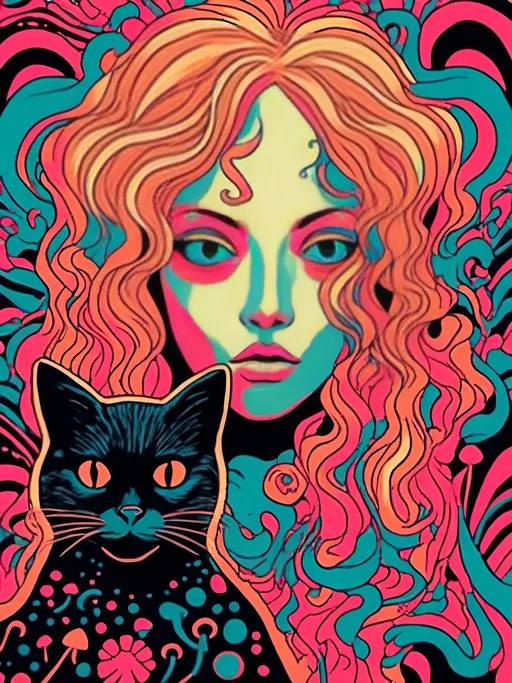 Prompt: <mymodel>Psychedelic poster illustration of a girl with long, curly blond hair, solid black cat, trippy mushrooms, vibrant colors, high-quality, poster art, surreal, detailed hair, psychedelic, detailed cat, colorful, vibrant, surreal, professional lighting